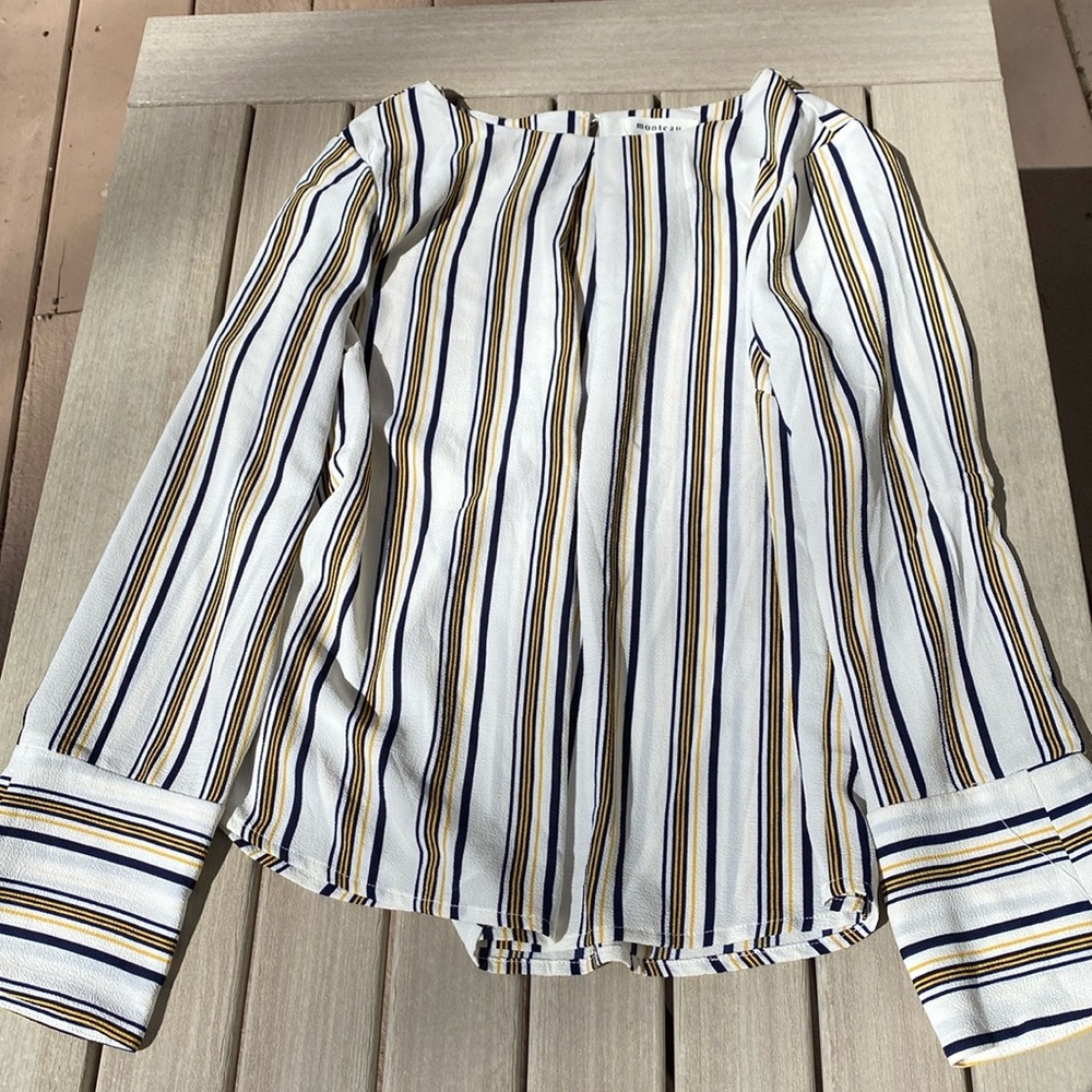 - Monteau - Blouse, Size Medium, White with Yellow & Navy Vertical Stripes